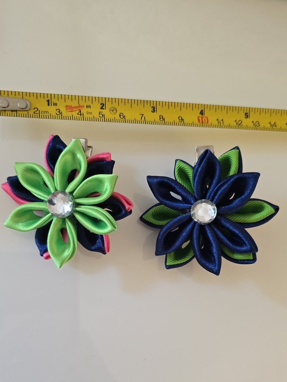 Handmade Kids Satin Flower Hair Clips - Navy & Green (Set of 2)